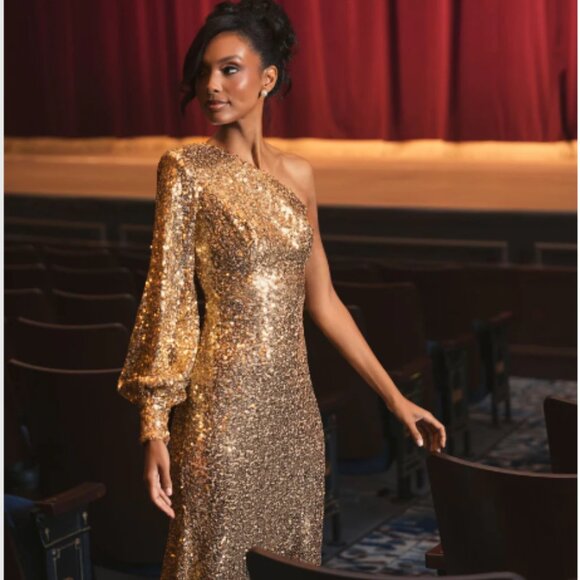 MAC DUGGAL 26717 GOLD SEQUINED ONE SHOULDER BISHOP SLEEVE TRUMPET GOWN sz 10 - Picture 6 of 7